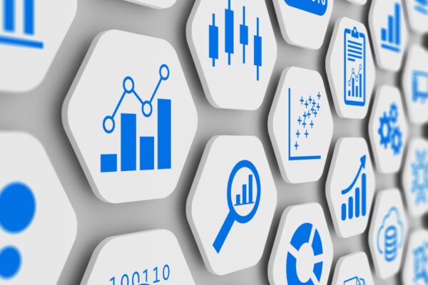 Business analytics and data science concept with graph and chart icons on 3D hexagonal grid, abstract illustration of KPI, metrics, information dashboard and analysis with clean modern design Research impact at BMJ Group