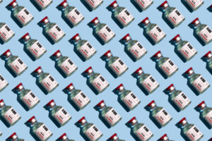 Repeated vials with covid-19 vaccine on the blue background