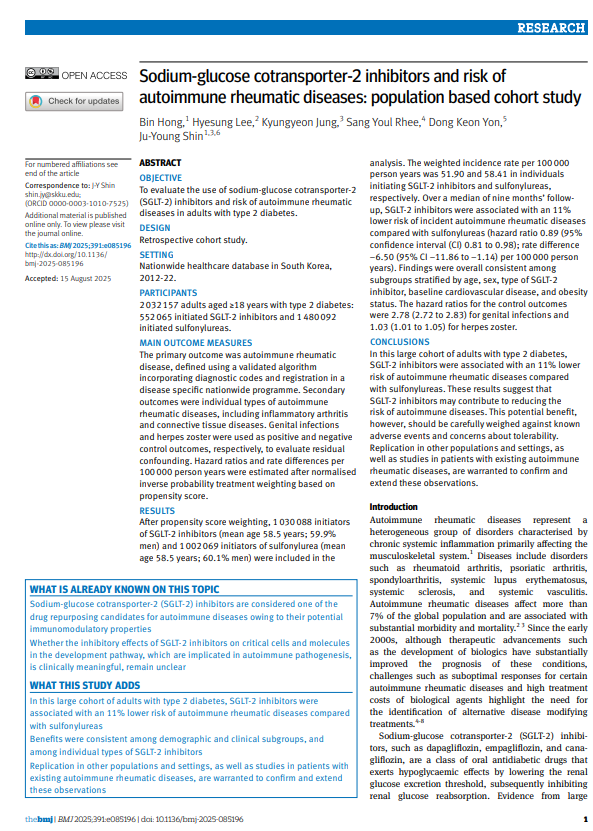 Sodium-glucose cotransporter-2 inhibitors and risk of autoimmune rheumatic diseases: population based cohort study