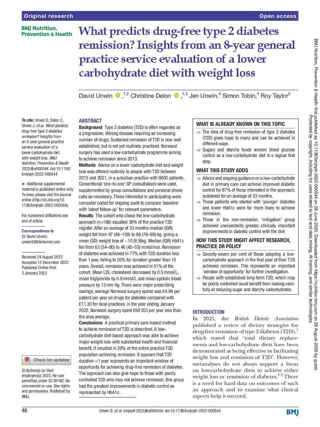 What predicts drug-free type 2 diabetes remission Insights from an 8-year general practice service evaluation of a lower carbohydrate diet with weight loss