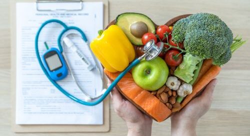 Diabetes Impact story, bowl with fruit and veg with medical equipment