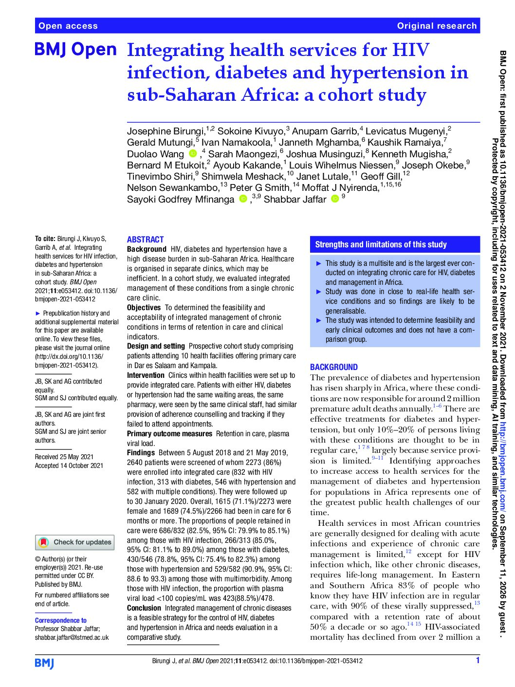 Integrating health services for HIV infection, diabetes and hypertension in sub-Saharan Africa: a cohort study
