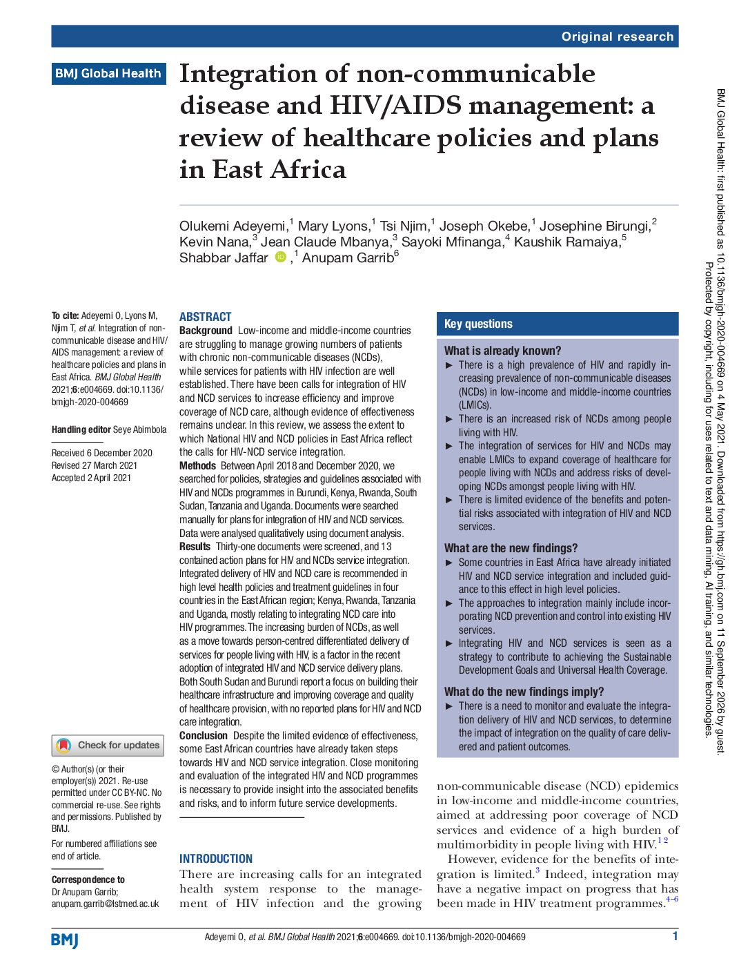Integration of non- communicable disease and HIV/AIDS management: a review of healthcare policies and plans in East Africa paper