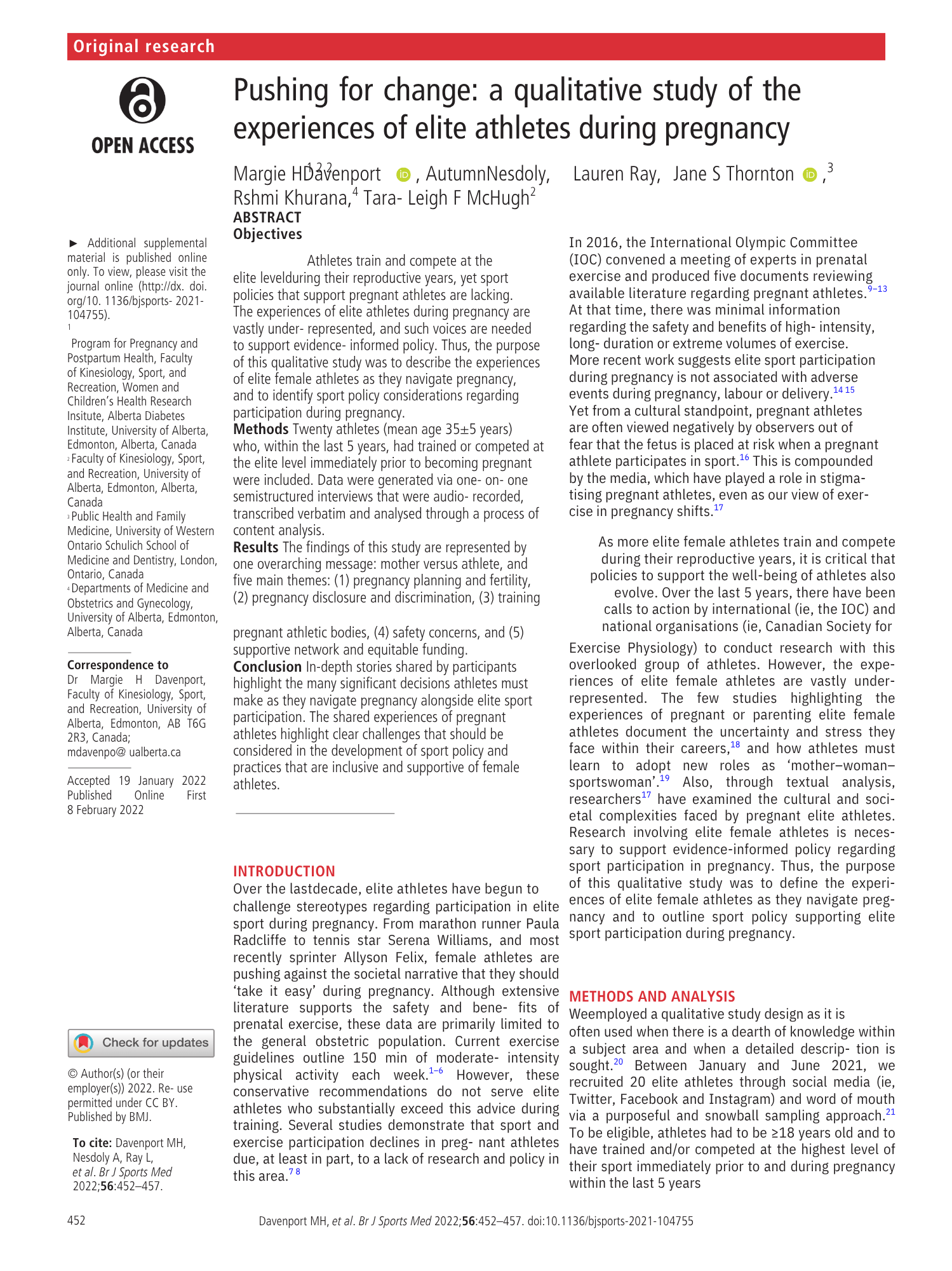 452.full.pdf Pushing for change: a qualitative study of the experiences of elite athletes during pregnancy paper